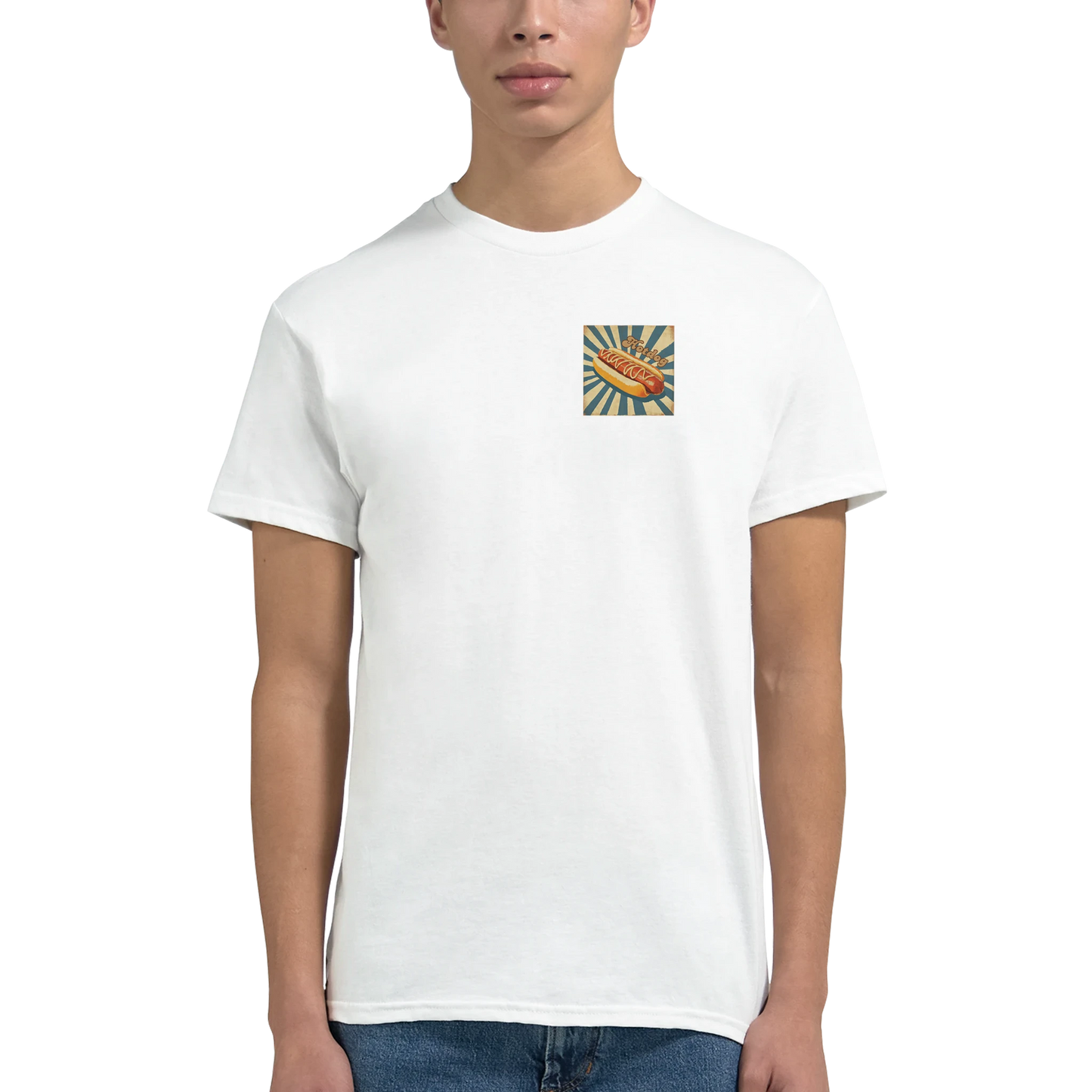 Unisex, retro, vintage style Hotdog hoodie, sweatshirt and t-shirt in blue, red, green, grey, black, brown, white, and beige – Serif & Co foodie clothing