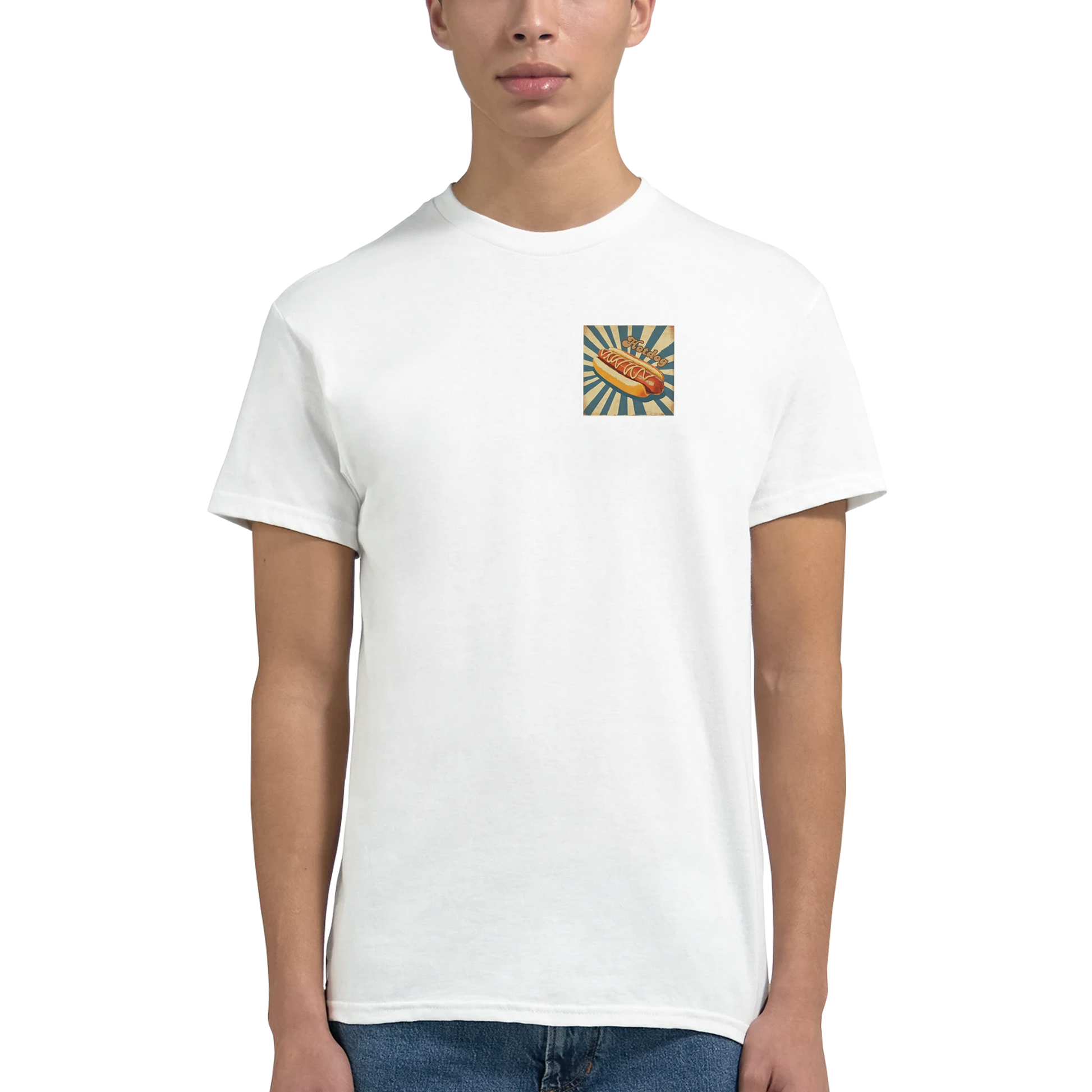 Unisex, retro, vintage style Hotdog hoodie, sweatshirt and t-shirt in blue, red, green, grey, black, brown, white, and beige – Serif & Co foodie clothing