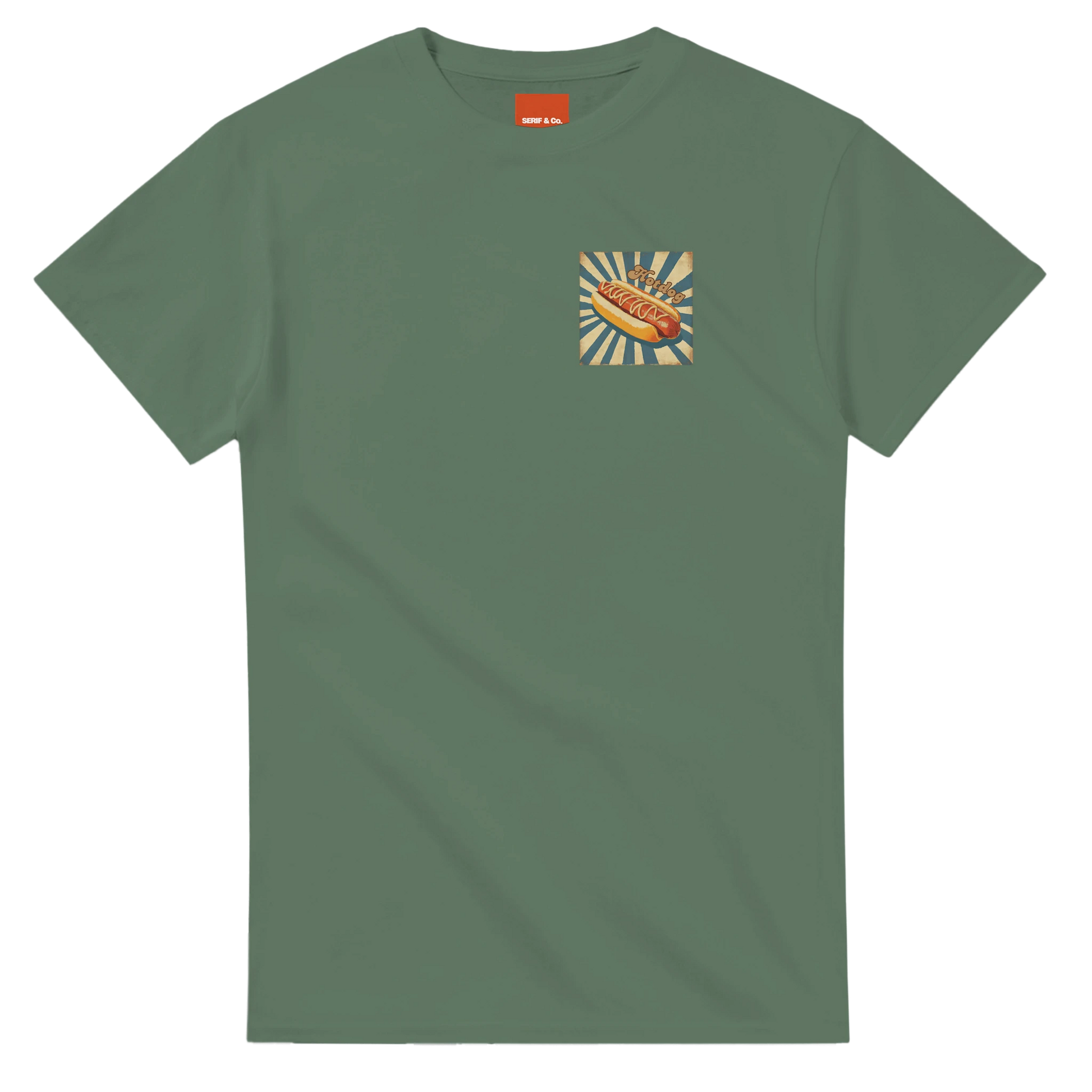 Unisex, retro, vintage style Hotdog hoodie, sweatshirt and t-shirt in blue, red, green, grey, black, brown, white, and beige – Serif & Co foodie clothing