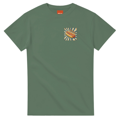 Unisex, retro, vintage style Hotdog hoodie, sweatshirt and t-shirt in blue, red, green, grey, black, brown, white, and beige – Serif & Co foodie clothing