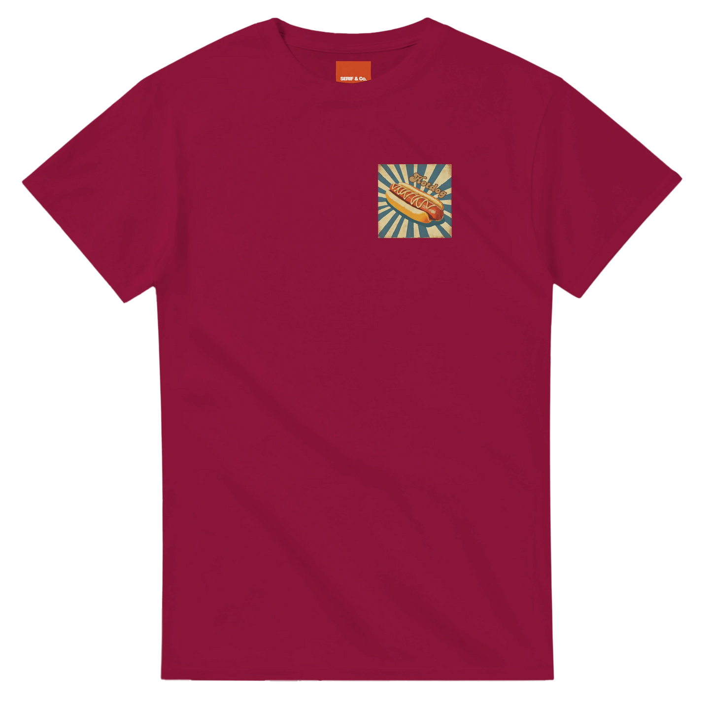 Unisex, retro, vintage style Hotdog hoodie, sweatshirt and t-shirt in blue, red, green, grey, black, brown, white, and beige – Serif & Co foodie clothing