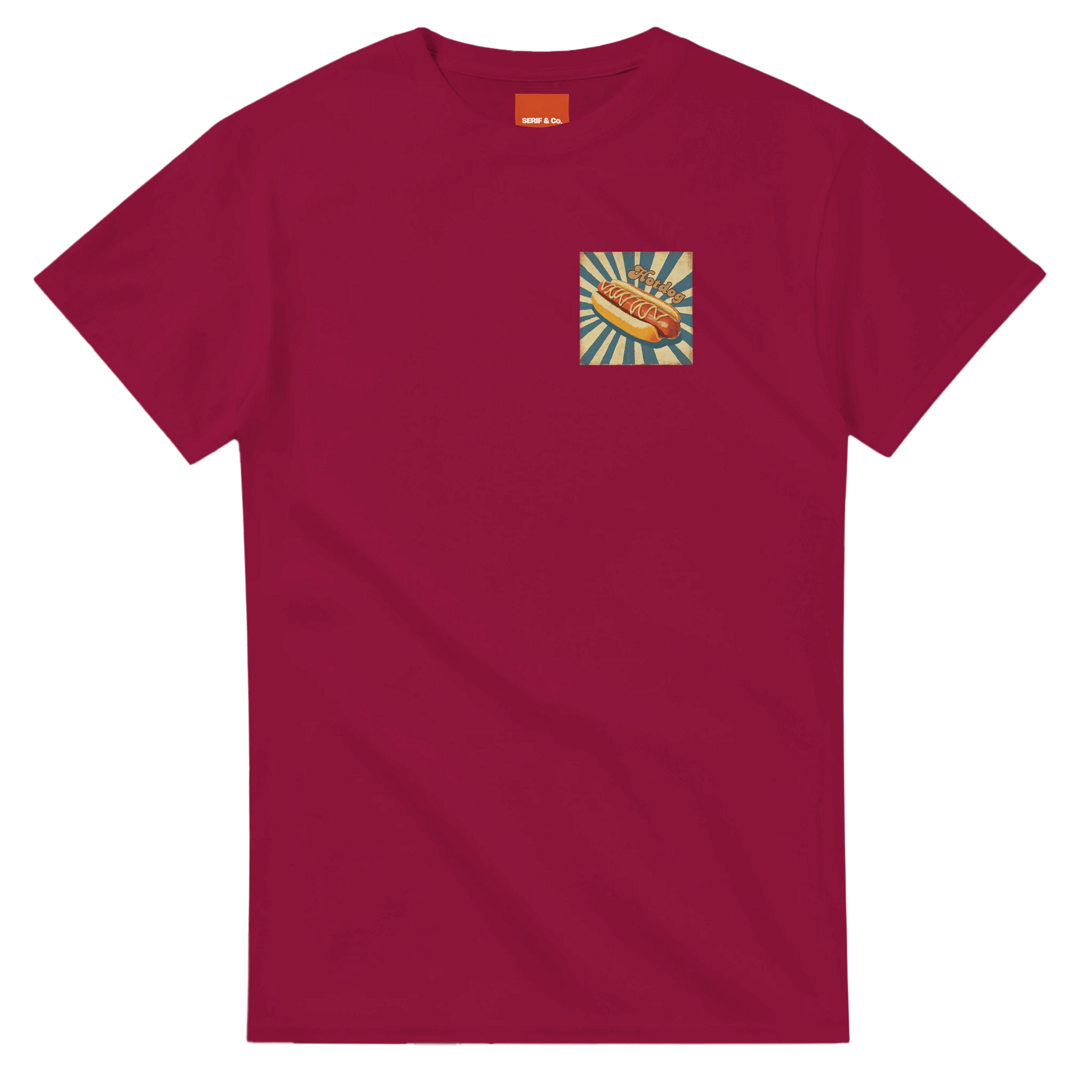 Unisex, retro, vintage style Hotdog hoodie, sweatshirt and t-shirt in blue, red, green, grey, black, brown, white, and beige – Serif & Co foodie clothing