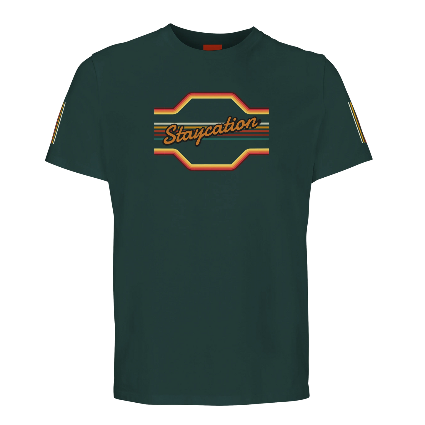 Unisex StaycationBanner, 70's Inspired hoodie, sweatshirt and t-shirt in blue, red, green, grey, black, brown, white, and beige – Serif & Co slogan clothing