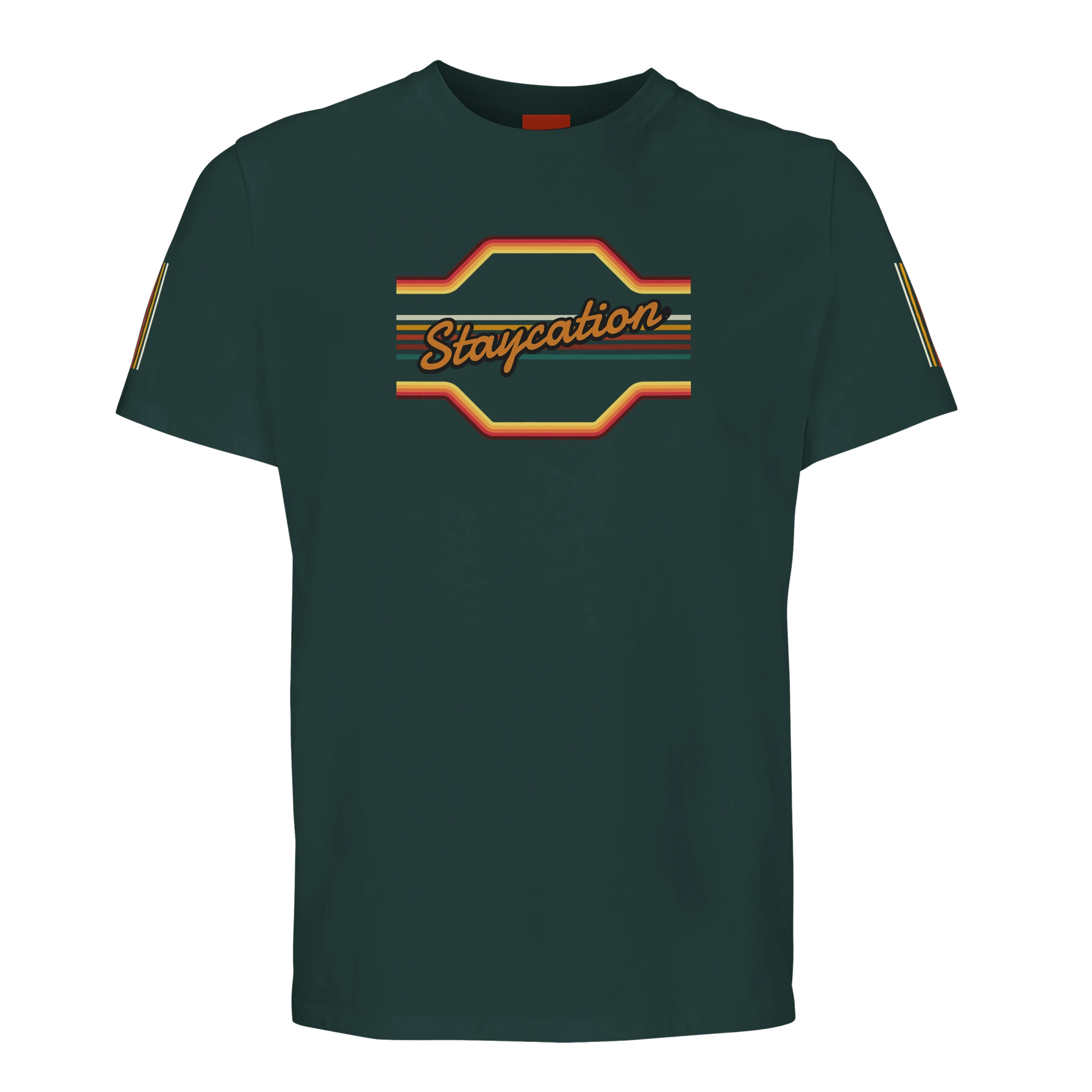 Unisex StaycationBanner, 70's Inspired hoodie, sweatshirt and t-shirt in blue, red, green, grey, black, brown, white, and beige – Serif & Co slogan clothing