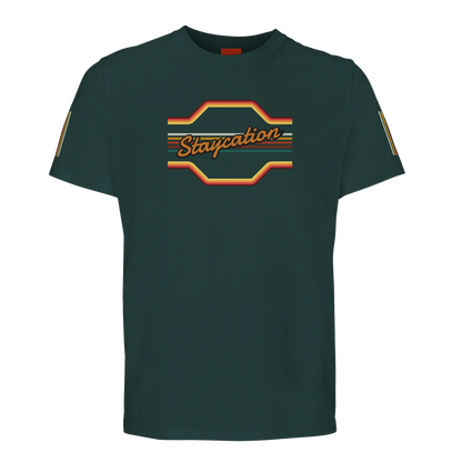 Unisex StaycationBanner, 70's Inspired hoodie, sweatshirt and t-shirt in blue, red, green, grey, black, brown, white, and beige – Serif & Co slogan clothing