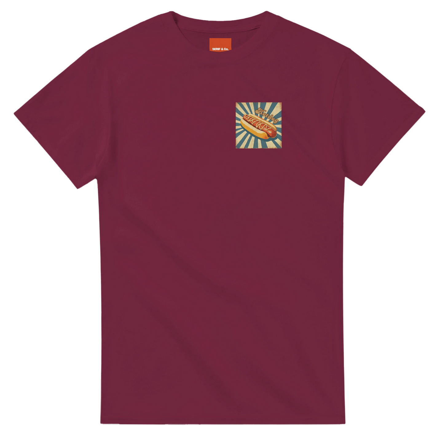 Unisex, retro, vintage style Hotdog hoodie, sweatshirt and t-shirt in blue, red, green, grey, black, brown, white, and beige – Serif & Co foodie clothing