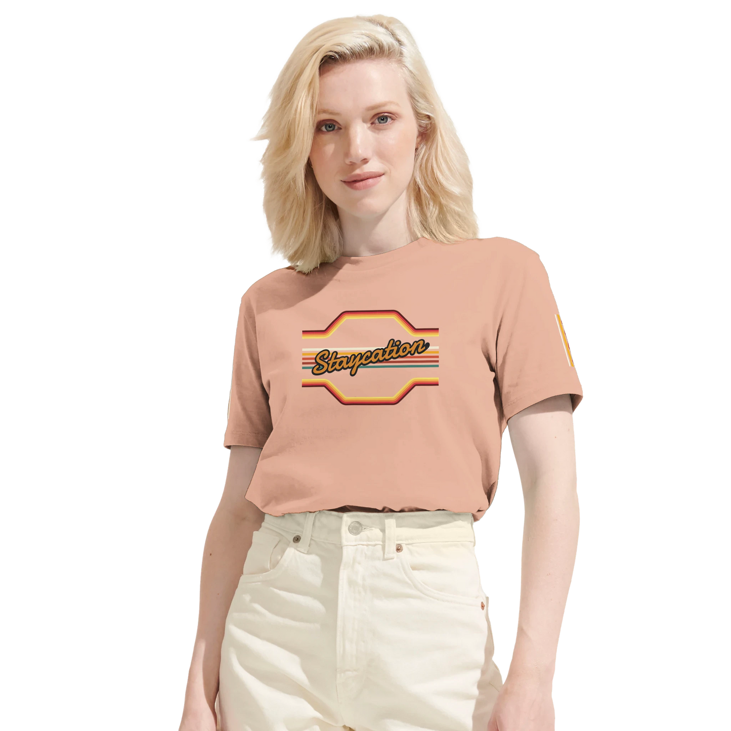 Unisex StaycationBanner, 70's Inspired hoodie, sweatshirt and t-shirt in blue, red, green, grey, black, brown, white, and beige – Serif & Co slogan clothing