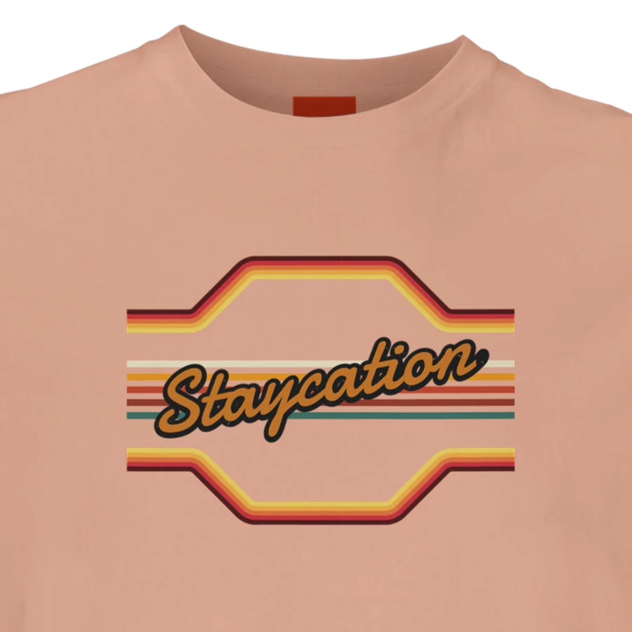 Unisex StaycationBanner, 70's Inspired hoodie, sweatshirt and t-shirt in blue, red, green, grey, black, brown, white, and beige – Serif & Co slogan clothing