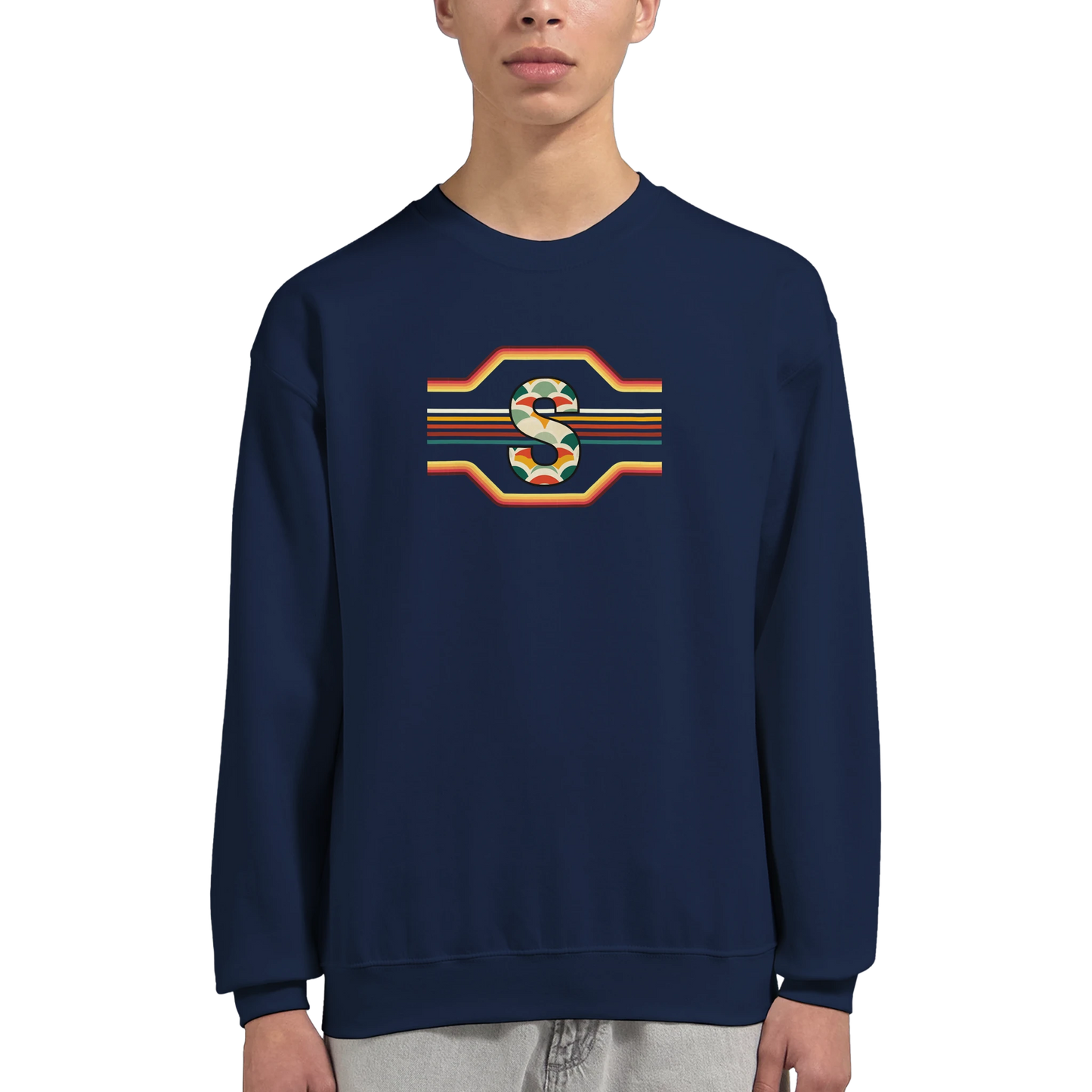 Unisex Retro Monogram hoodie, sweatshirt and t-shirt in blue, red, green, grey, black, brown, white, and beige – Serif & Co personalised retro clothing, 70's Inspired