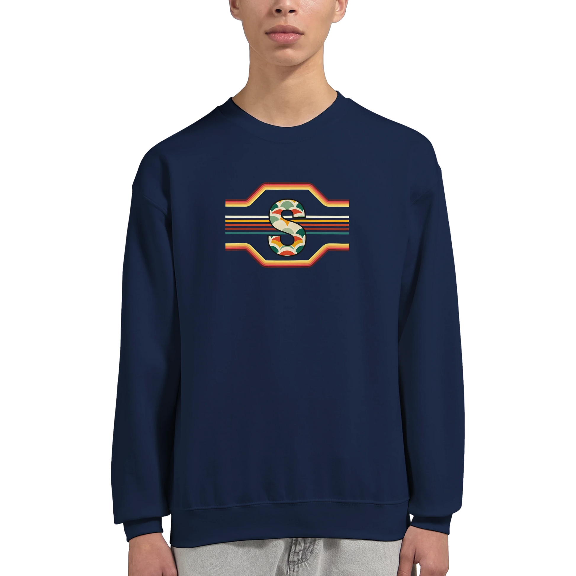 Unisex Retro Monogram hoodie, sweatshirt and t-shirt in blue, red, green, grey, black, brown, white, and beige – Serif & Co personalised retro clothing, 70's Inspired