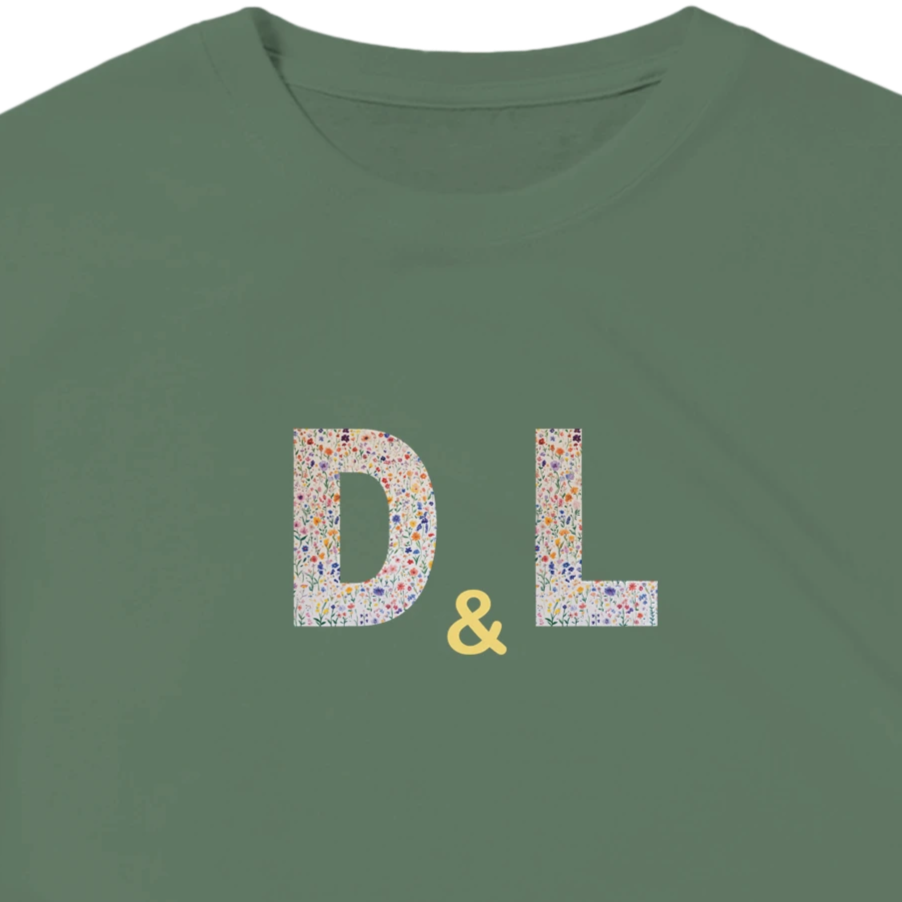 Unisex, personalise, personalised, Couples Wildflower Initials hoodie, sweatshirt and t-shirt in blue, red, green, grey, black, brown, white, and beige – Serif & Co personalised couples clothing