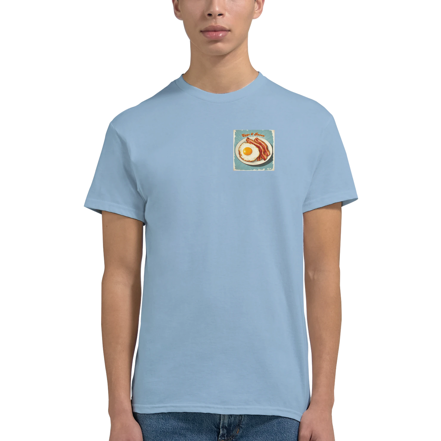 Unisex , retro, vintage,Eggs & Bacon hoodie, sweatshirt and t-shirt in blue, red, green, grey, black, brown, white, and beige – Serif & Co foodie clothing