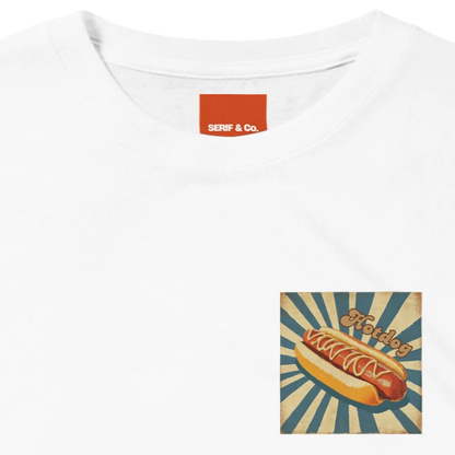 Unisex, retro, vintage style Hotdog hoodie, sweatshirt and t-shirt in blue, red, green, grey, black, brown, white, and beige – Serif & Co foodie clothing