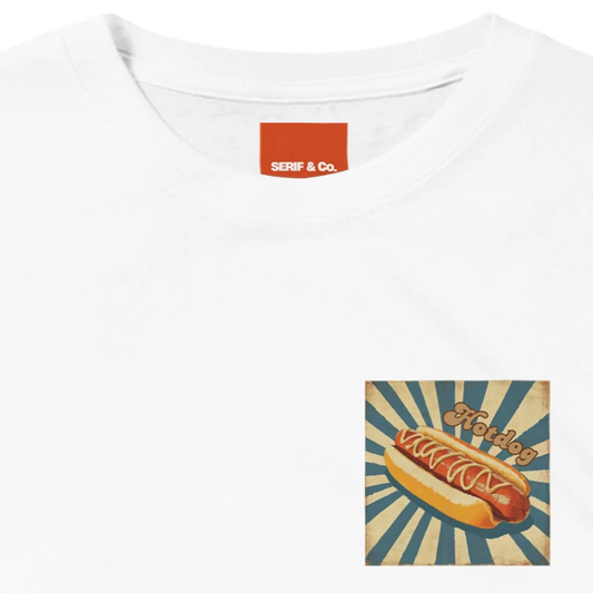 Unisex, retro, vintage style Hotdog hoodie, sweatshirt and t-shirt in blue, red, green, grey, black, brown, white, and beige – Serif & Co foodie clothing