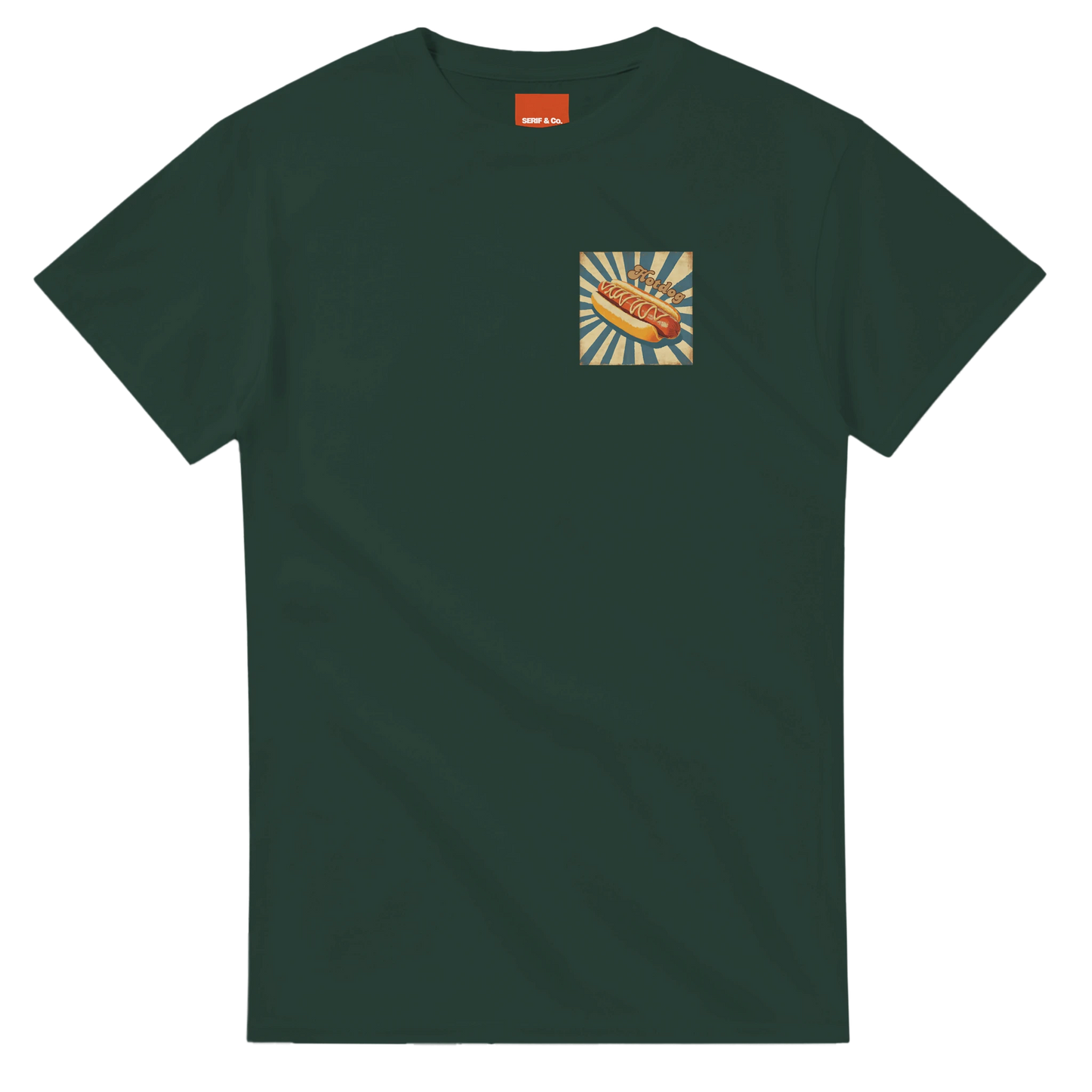 Unisex, retro, vintage style Hotdog hoodie, sweatshirt and t-shirt in blue, red, green, grey, black, brown, white, and beige – Serif & Co foodie clothing