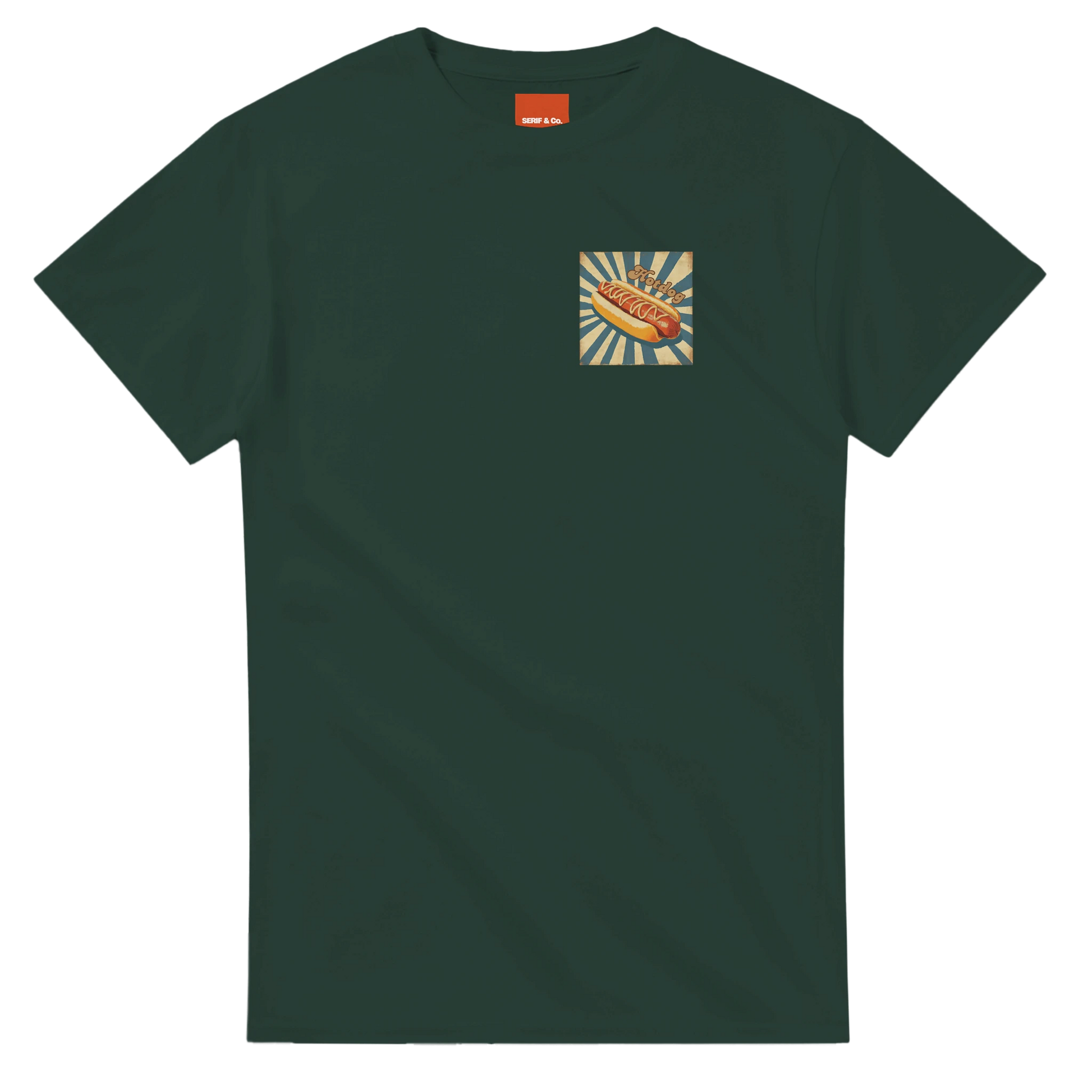 Unisex, retro, vintage style Hotdog hoodie, sweatshirt and t-shirt in blue, red, green, grey, black, brown, white, and beige – Serif & Co foodie clothing