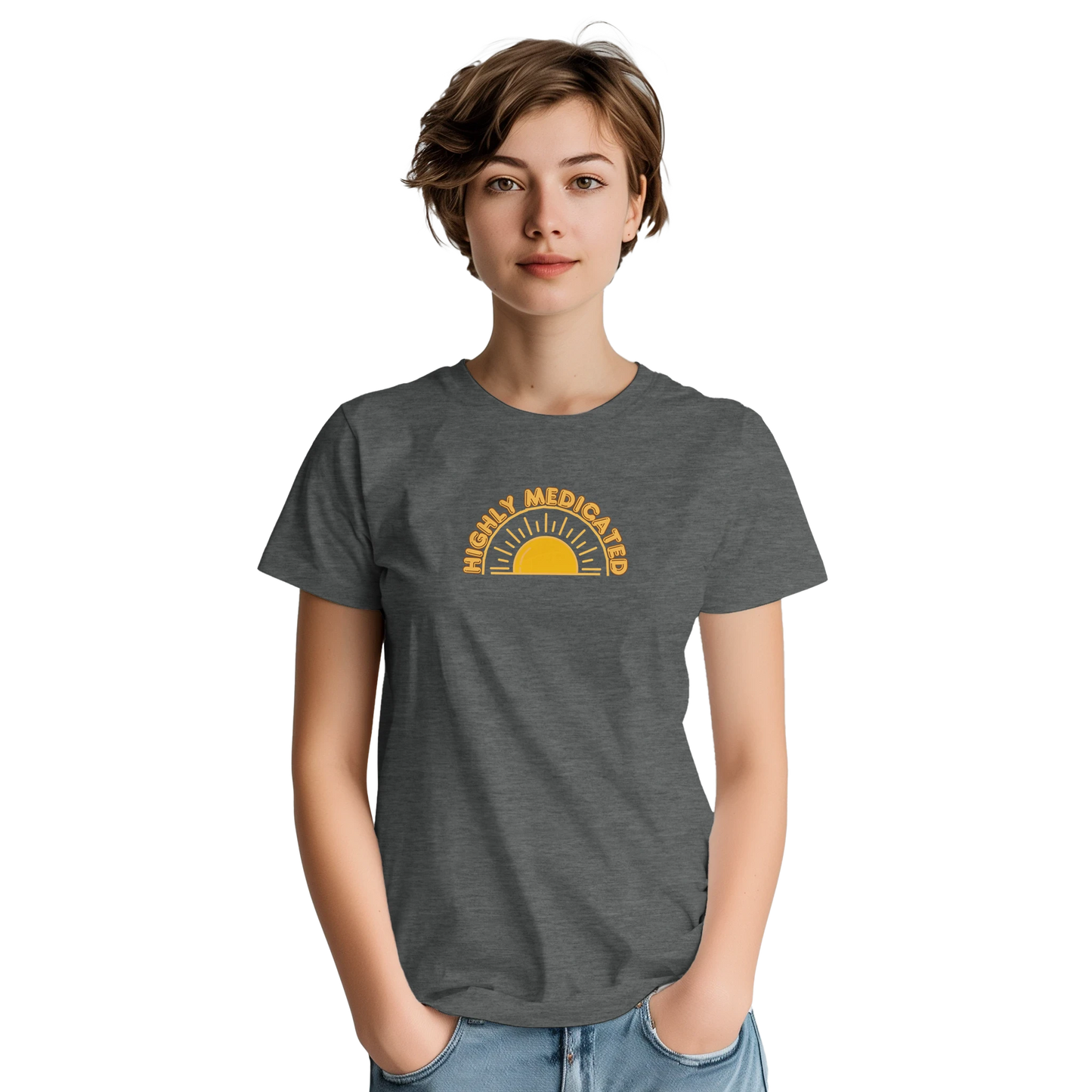 Unisex Highly Medicated hoodie, sweatshirt and t-shirt in blue, red, green, grey, black, brown, white, and beige – Serif & Co slogan clothing