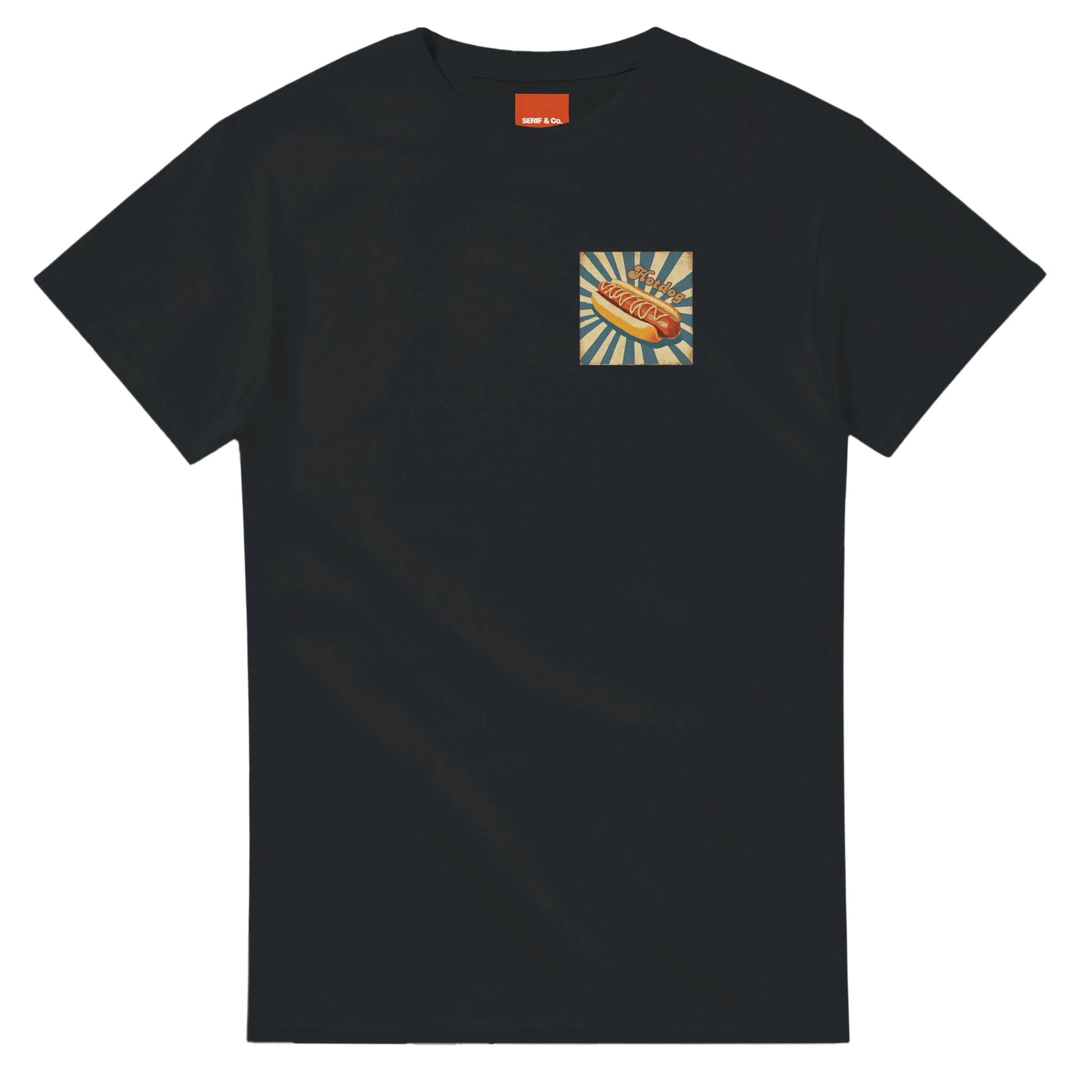 Unisex, retro, vintage style Hotdog hoodie, sweatshirt and t-shirt in blue, red, green, grey, black, brown, white, and beige – Serif & Co foodie clothing