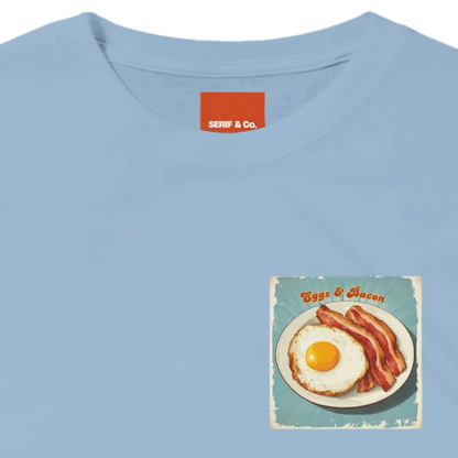 Unisex , retro, vintage,Eggs & Bacon hoodie, sweatshirt and t-shirt in blue, red, green, grey, black, brown, white, and beige – Serif & Co foodie clothing