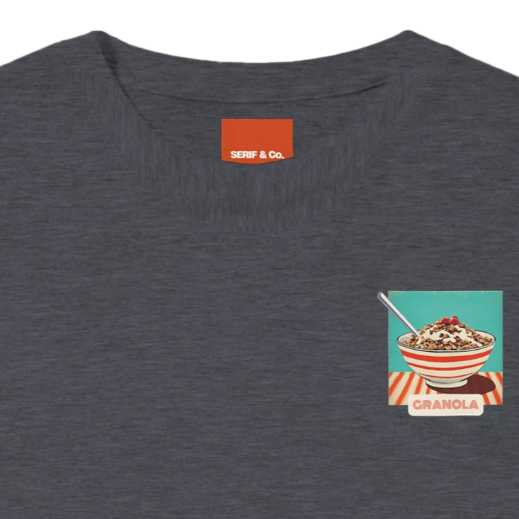 Unisex , retro, vintage,Granola hoodie, sweatshirt and t-shirt in blue, red, green, grey, black, brown, white, and beige – Serif & Co foodie slogan clothing