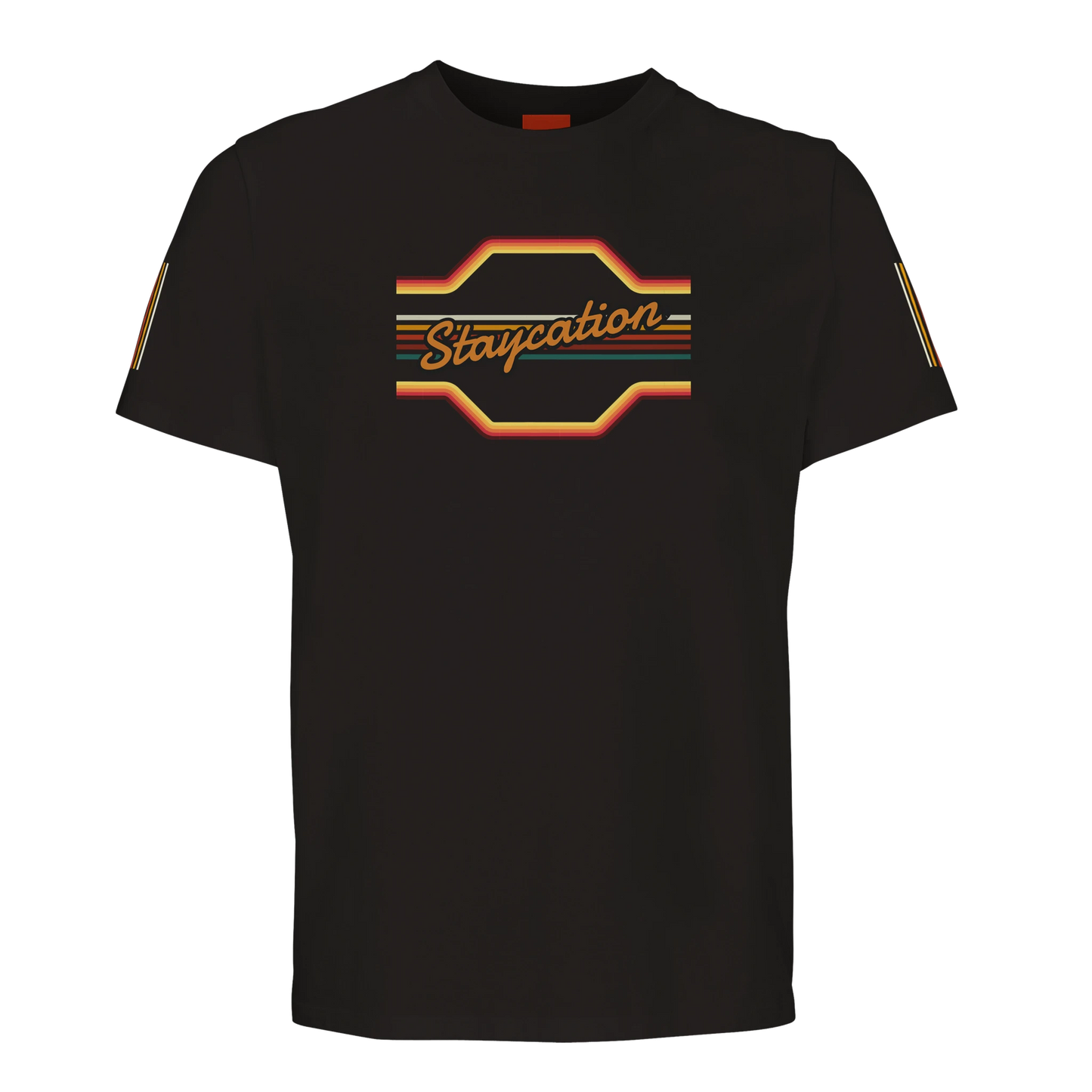 Unisex StaycationBanner, 70's Inspired hoodie, sweatshirt and t-shirt in blue, red, green, grey, black, brown, white, and beige – Serif & Co slogan clothing