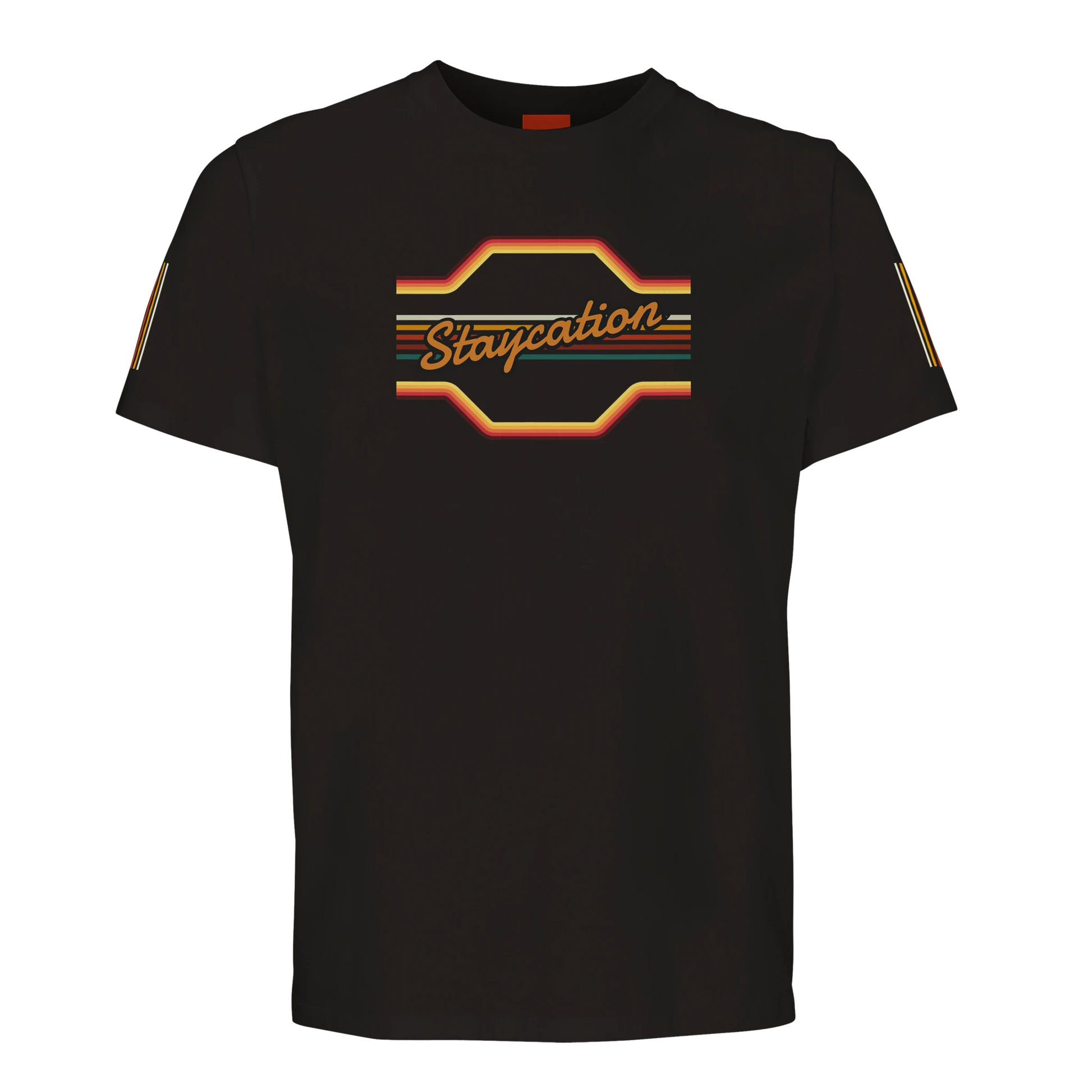 Unisex StaycationBanner, 70's Inspired hoodie, sweatshirt and t-shirt in blue, red, green, grey, black, brown, white, and beige – Serif & Co slogan clothing