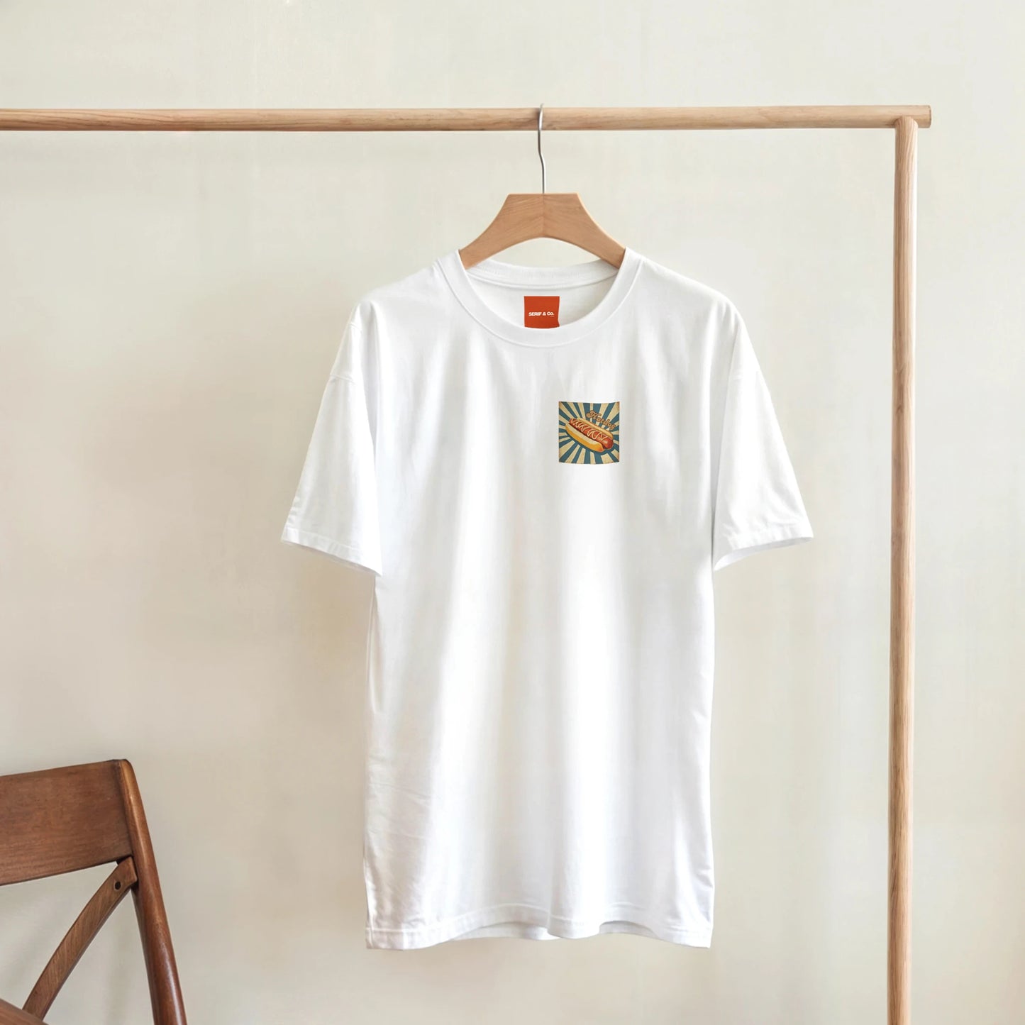 Unisex, retro, vintage style Hotdog hoodie, sweatshirt and t-shirt in blue, red, green, grey, black, brown, white, and beige – Serif & Co foodie clothing