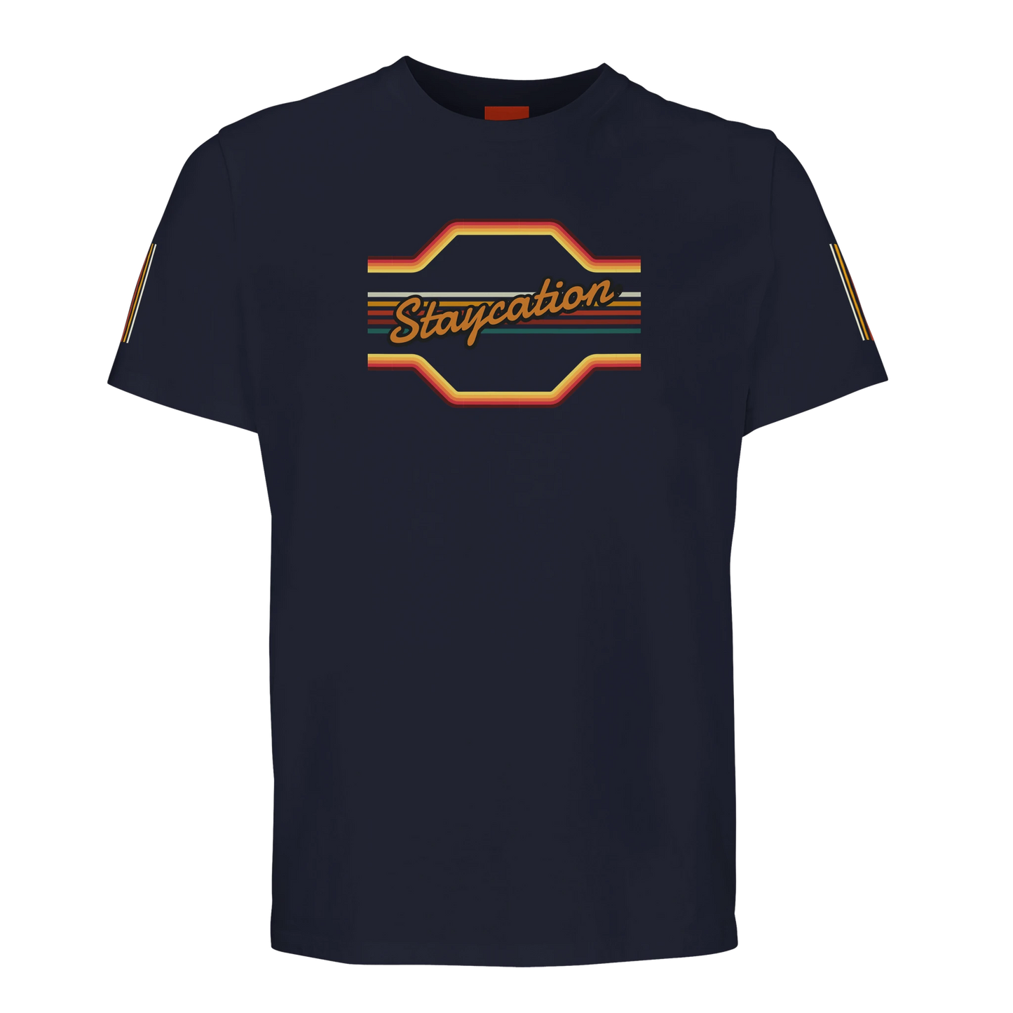 Unisex StaycationBanner, 70's Inspired hoodie, sweatshirt and t-shirt in blue, red, green, grey, black, brown, white, and beige – Serif & Co slogan clothing