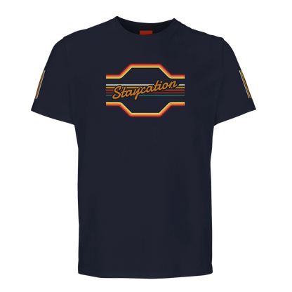 Unisex StaycationBanner, 70's Inspired hoodie, sweatshirt and t-shirt in blue, red, green, grey, black, brown, white, and beige – Serif & Co slogan clothing