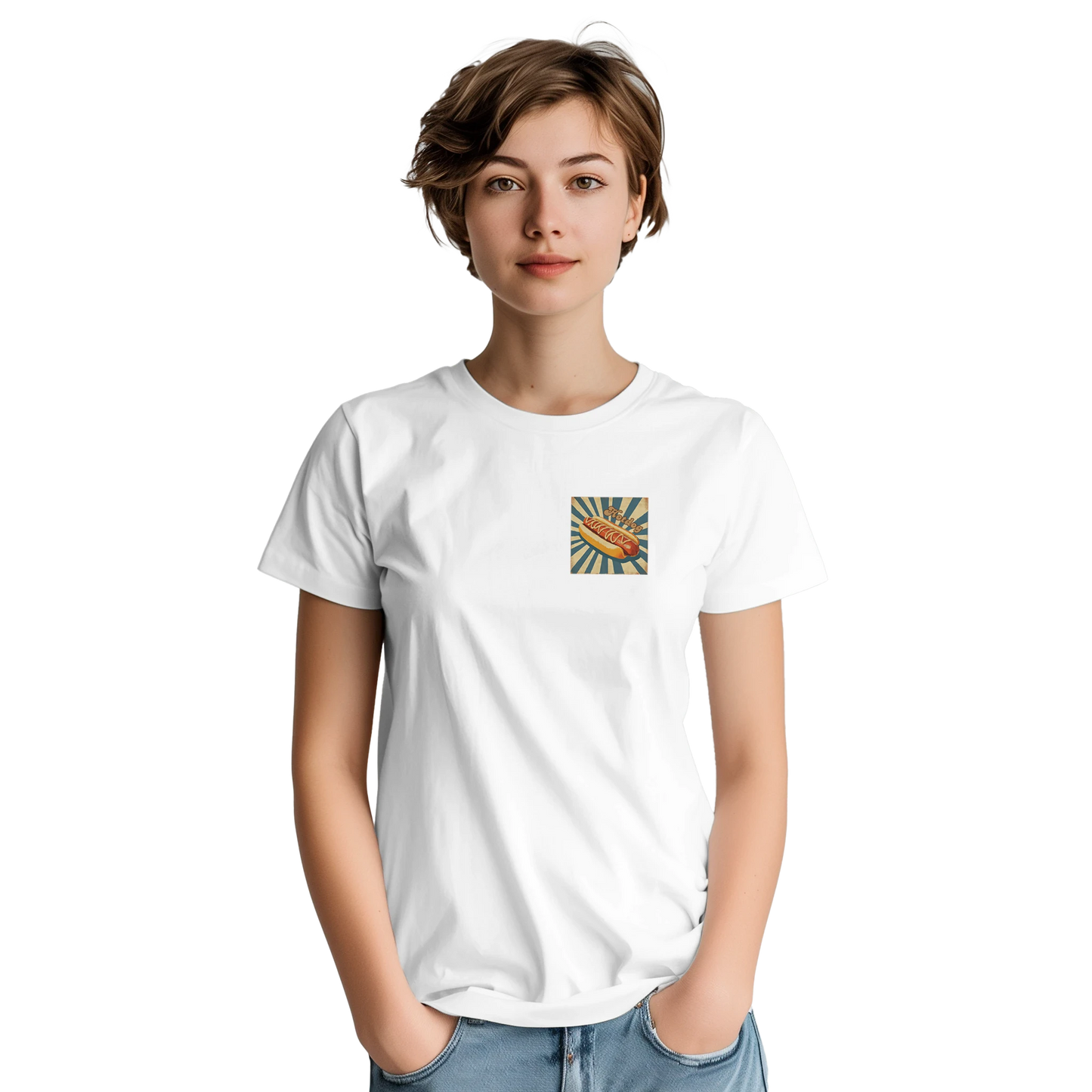 Unisex, retro, vintage style Hotdog hoodie, sweatshirt and t-shirt in blue, red, green, grey, black, brown, white, and beige – Serif & Co foodie clothing