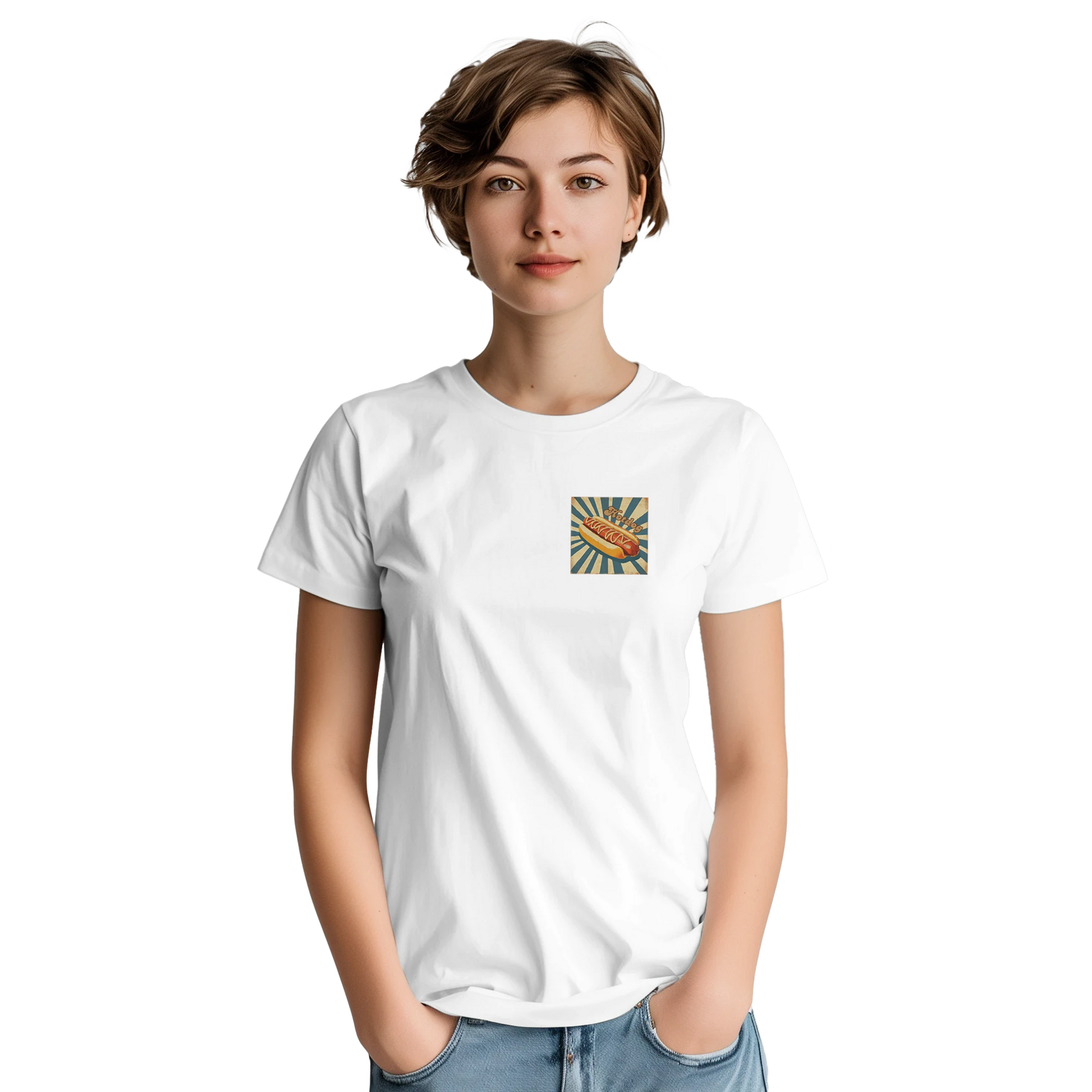 Unisex, retro, vintage style Hotdog hoodie, sweatshirt and t-shirt in blue, red, green, grey, black, brown, white, and beige – Serif & Co foodie clothing