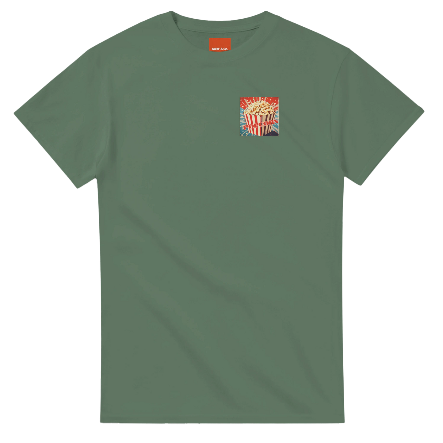 Unisex , retro, Popcorn hoodie, sweatshirt and t-shirt in blue, red, green, grey, black, brown, white, and beige – Serif & Co retro foodie clothing