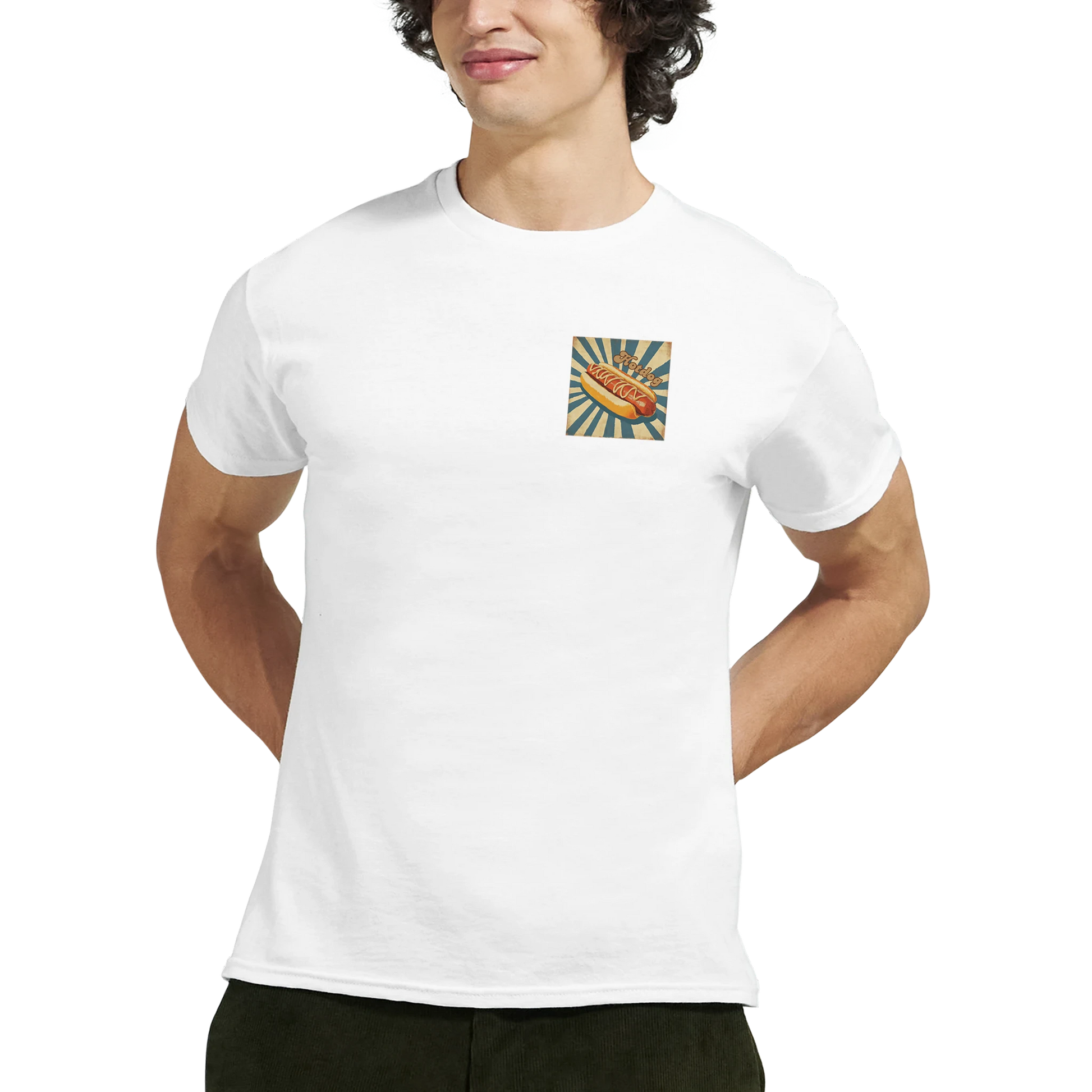 Unisex, retro, vintage style Hotdog hoodie, sweatshirt and t-shirt in blue, red, green, grey, black, brown, white, and beige – Serif & Co foodie clothing