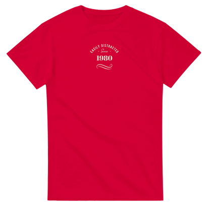 Unisex Easily, Personalise with your year,  Distracted hoodie, sweatshirt and t-shirt in blue, red, green, grey, black, brown, white, and beige – Serif & Co slogan clothing